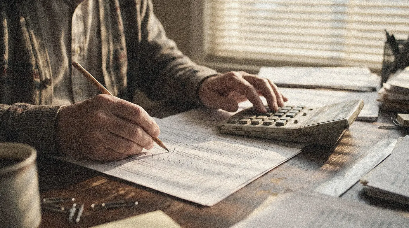 Ledgers, invoices and a calculator on an accounting desk
