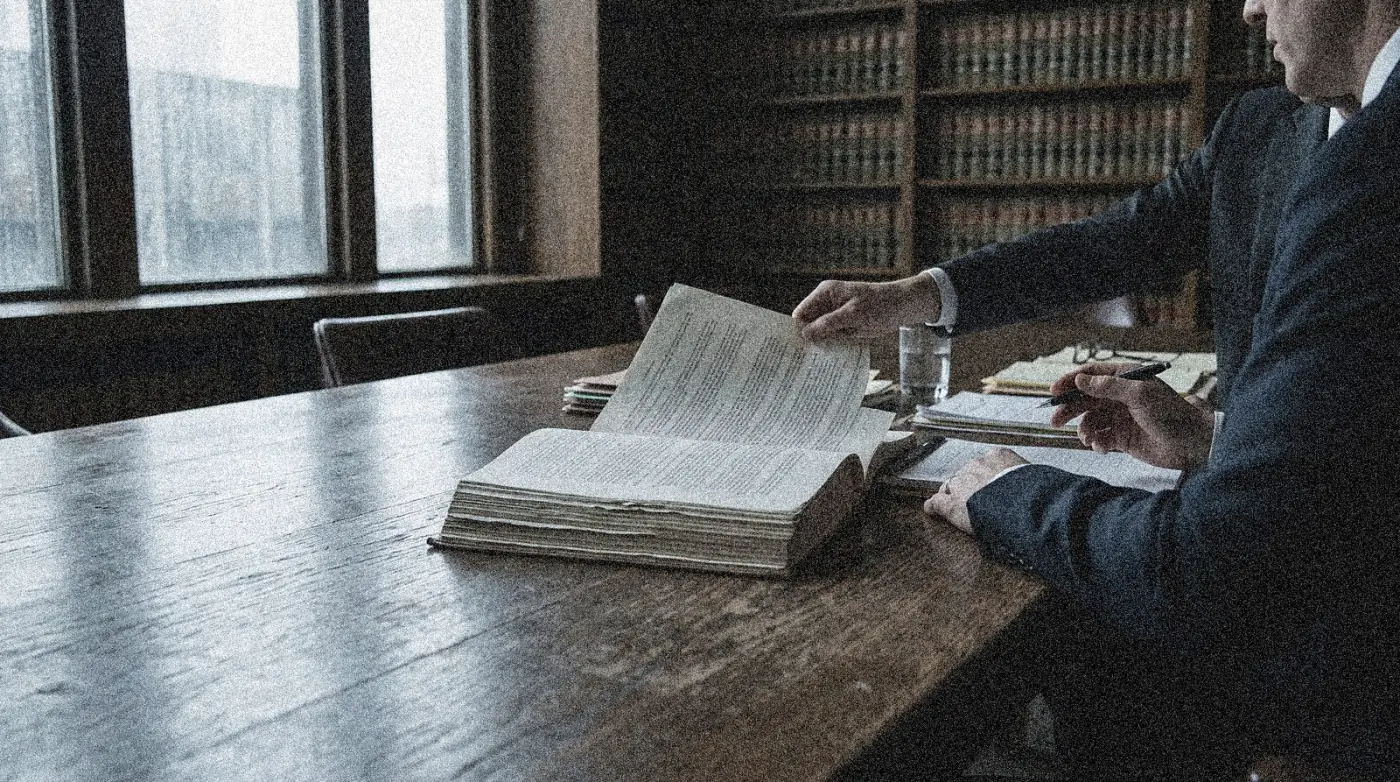 A tabbed contract, fountain pen and brass scales on a law desk