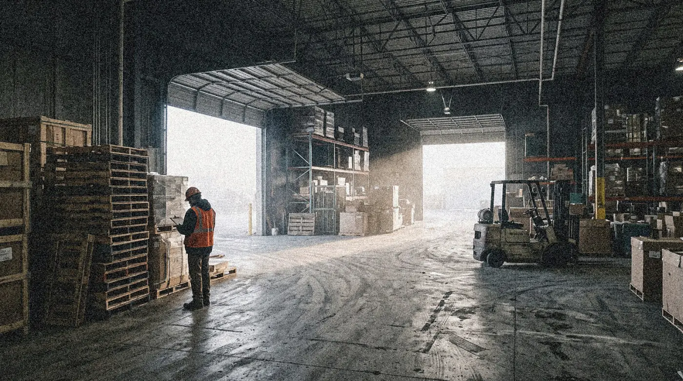 Warehouse shelving and a checklist cart beside an open service bay