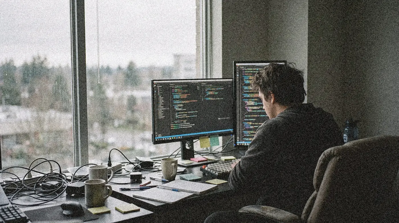 A developer desk at night with code and a ticket board on two monitors