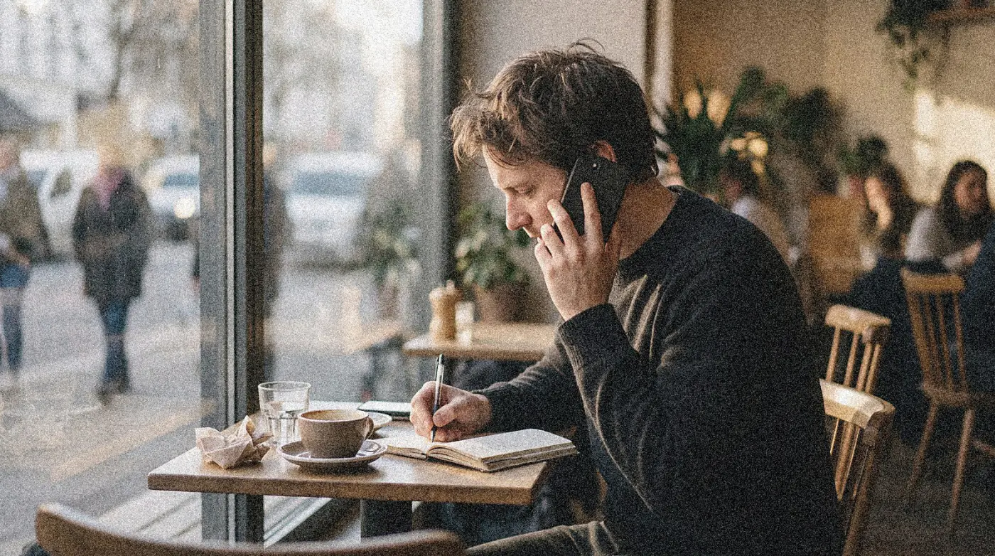 A person on a phone call at a cafe window, taking notes