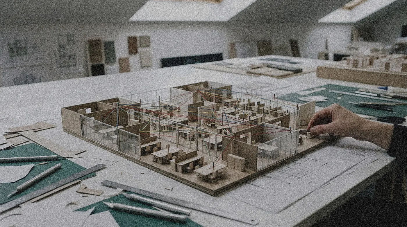 A glass model of an office floor, lit paths connecting desks and task cards