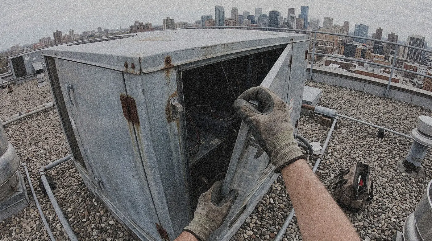 First-person view of gloved hands repairing an HVAC unit