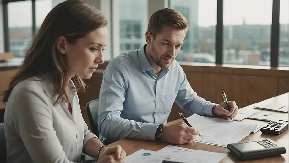 A customer discusses financial documents with an accountant on site, both focused and engaged in the conversation.