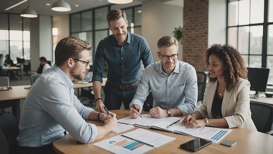 A diverse group of professionals collaborating in an accounting firm, analyzing financial reports and discussing strategies at a conference table.
