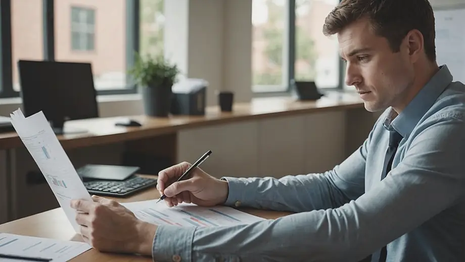 A focused individual reviewing financial documents at a desk, with a calculator and a laptop, representing a CPA in action.