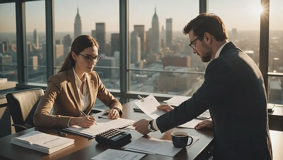 A tax accountant reviews financial documents with a customer at a desk, discussing tax strategies and ensuring accurate filing for the upcoming tax season.