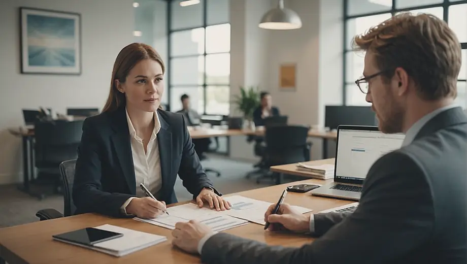 A customer and a professional discuss accounting details at a well-organized office space, with financial documents and a laptop in view.