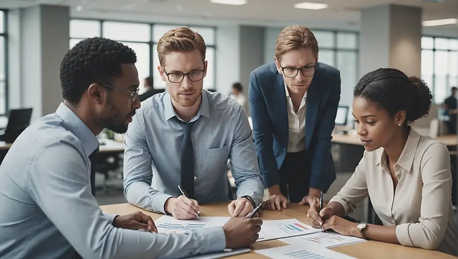 A diverse group of professionals collaborating in an accounting firm, analyzing financial reports and discussing strategies at a modern office workspace.
