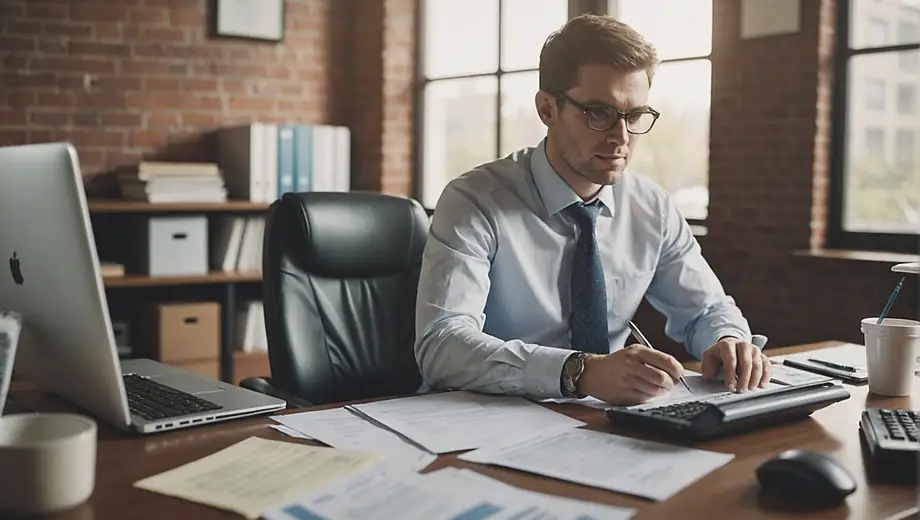 A tax accountant sits at a desk surrounded by financial documents and a laptop, focused on preparing tax returns.