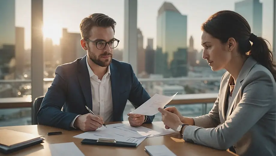 A customer discussing financial documents with a CPA on-site, both engaged in a focused conversation while reviewing paperwork at a desk.