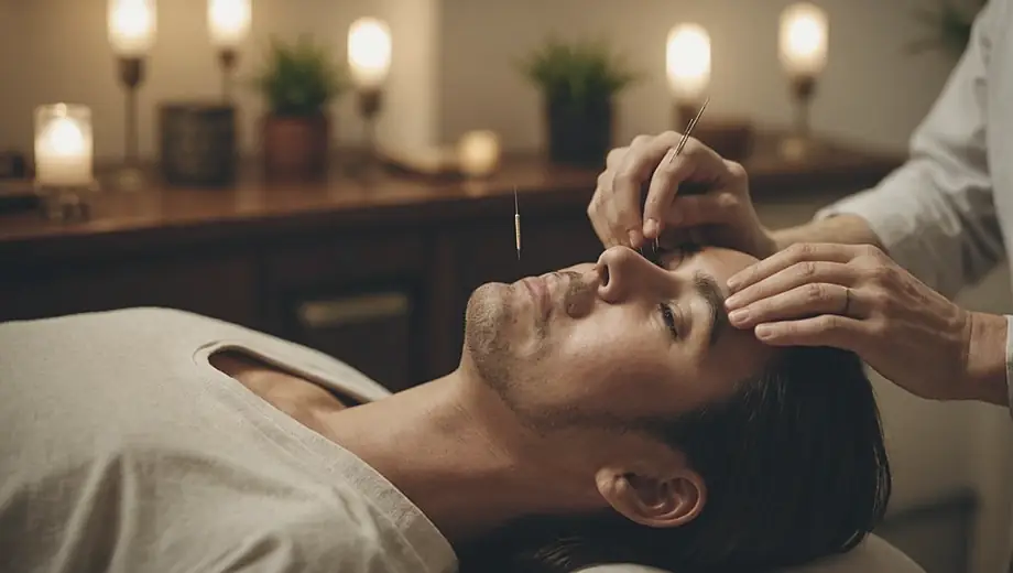 A customer receives acupuncture treatment from a professional in a calming clinic environment, surrounded by soothing decor and soft lighting.