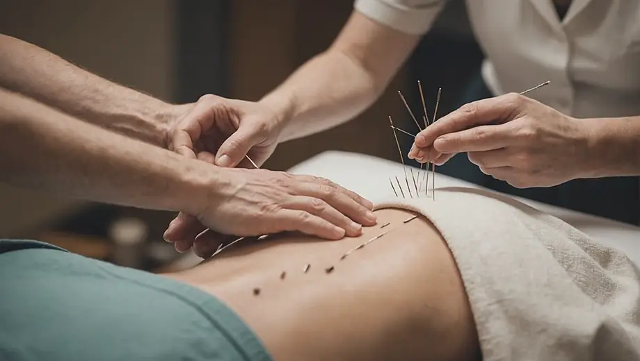 A diverse group of people receiving treatment in an acupuncture clinic, with practitioners skillfully placing needles in their patients' acupoints while a calming atmosphere promotes relaxation and wellness.