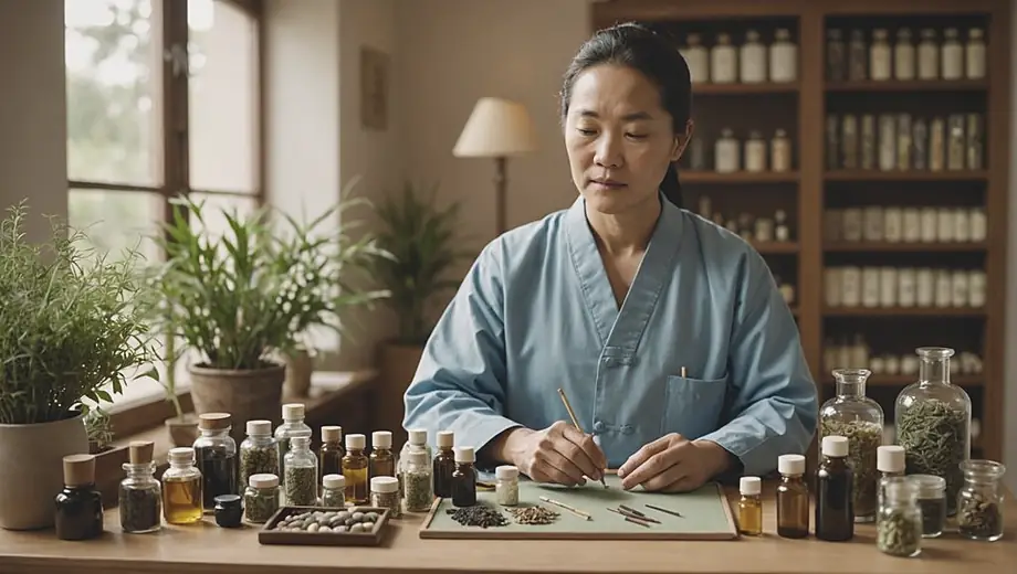 A practitioner of traditional Chinese medicine stands in a serene clinic, surrounded by herbal remedies and acupuncture tools, demonstrating the art of holistic healing.