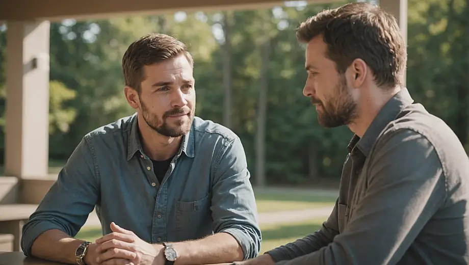 A customer and a professional engage in a supportive conversation on-site at an addiction treatment facility, highlighting a compassionate approach to recovery.