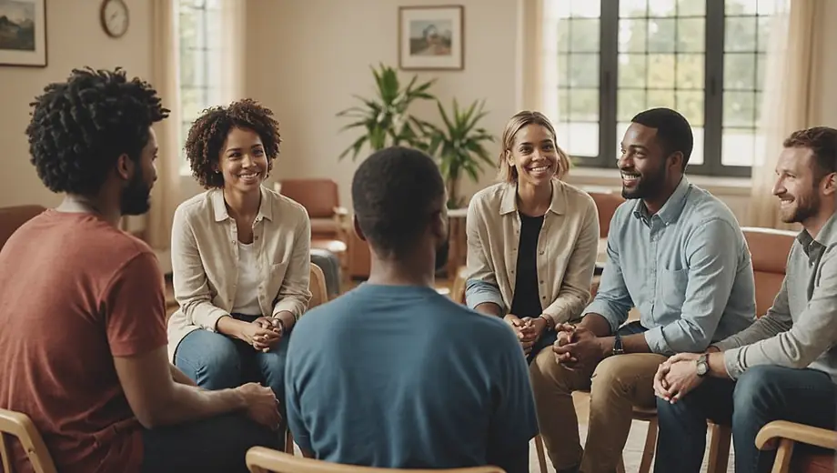 A diverse group of individuals engaging in group therapy at a rehab center, sharing their experiences and supporting each other in a comfortable, welcoming environment.