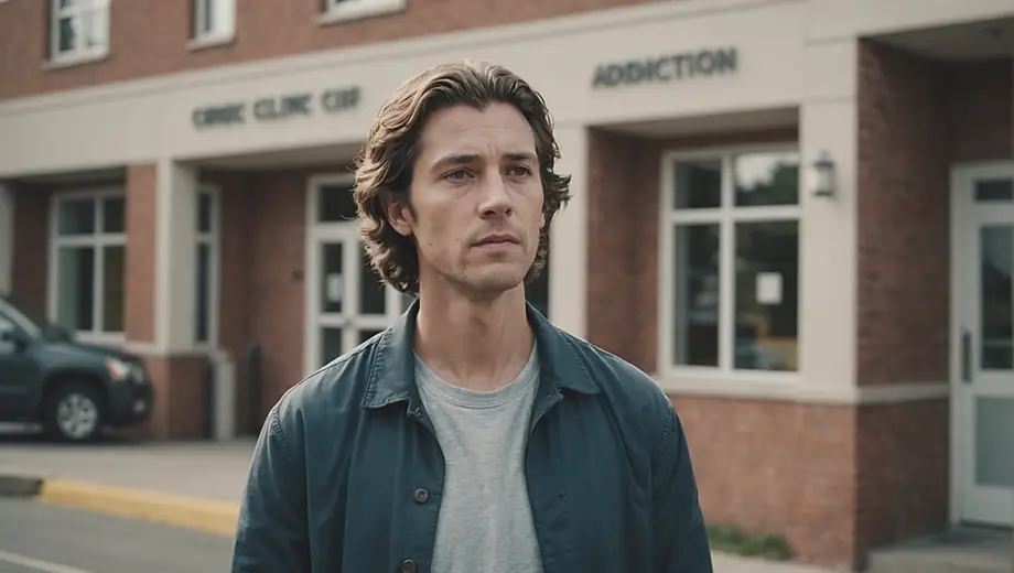 A person stands outside an addiction clinic, looking contemplative as they prepare to enter for support and recovery.