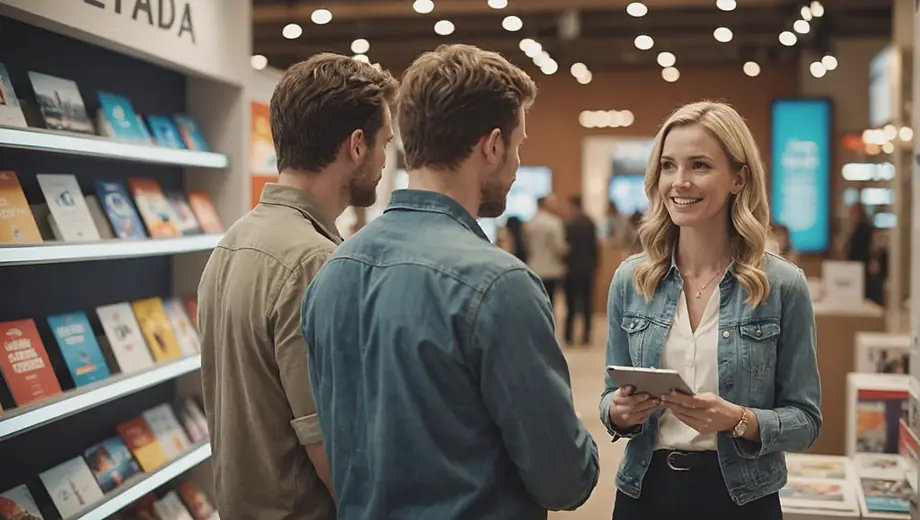 A customer and a professional discuss advertising strategies on-site, surrounded by promotional materials and a vibrant display.