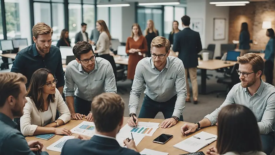A diverse group of professionals collaborating in a modern office environment, brainstorming creative ideas for an advertising agency campaign.
