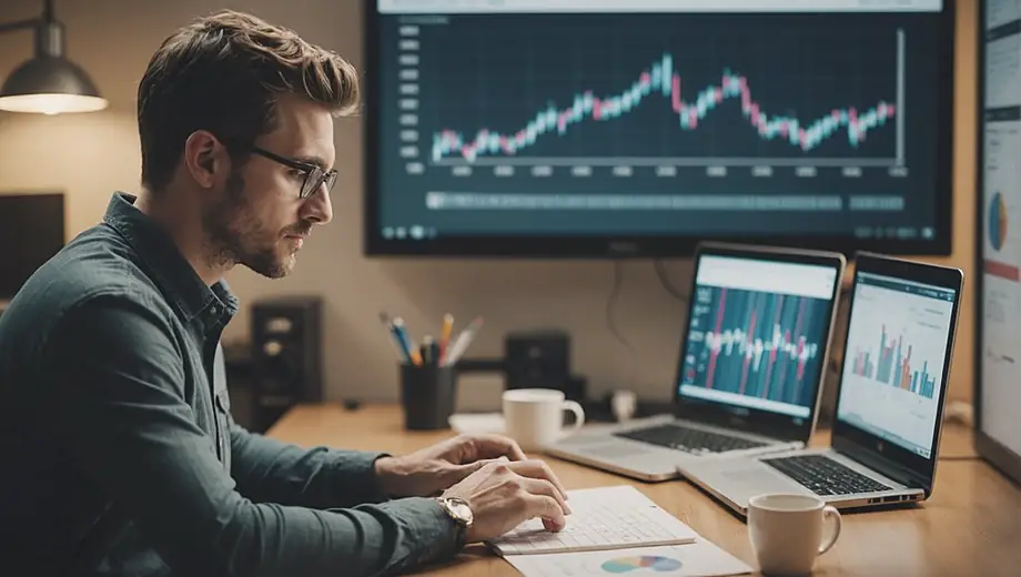 A focused individual analyzing data on a laptop at a media buying agency, surrounded by charts and graphs on the wall.