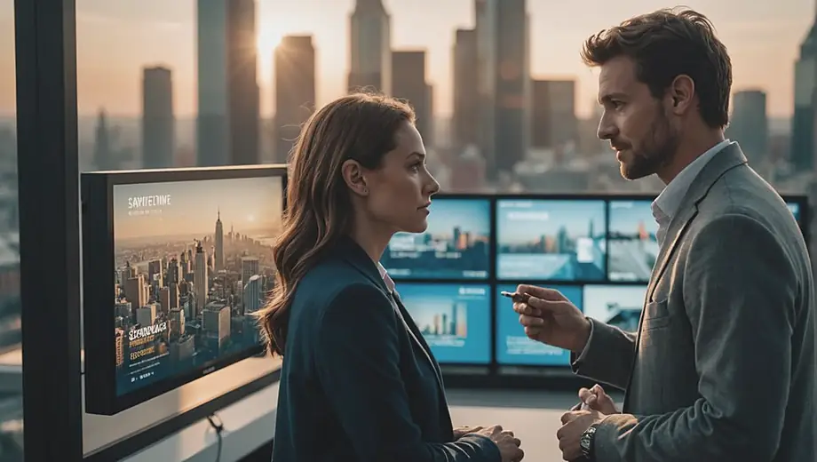 A customer and a professional discuss digital advertising strategies on-site, surrounded by digital screens displaying various ad campaigns.