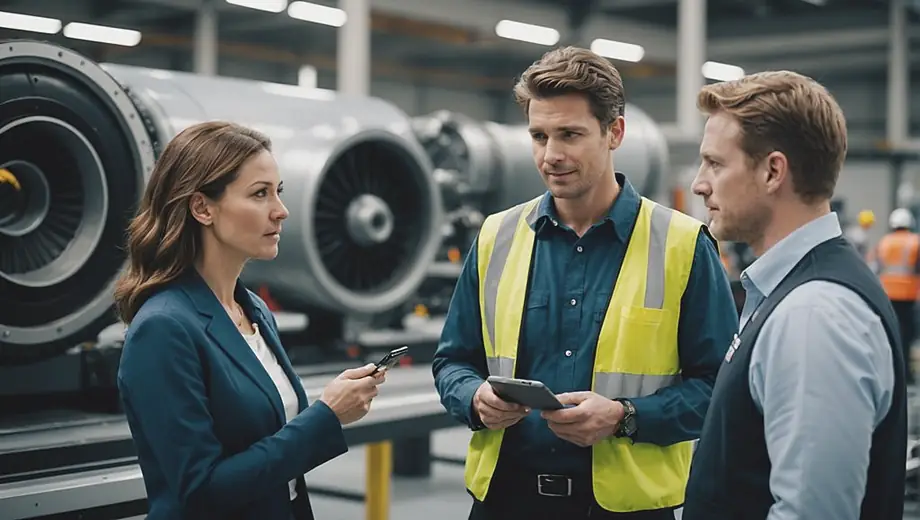 A customer and a professional discuss aerospace technology on-site, surrounded by advanced machinery and equipment.