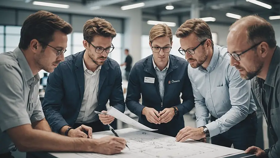 A diverse group of engineers and technicians collaborate in a modern aerospace company, examining blueprints and discussing designs for innovative aircraft.