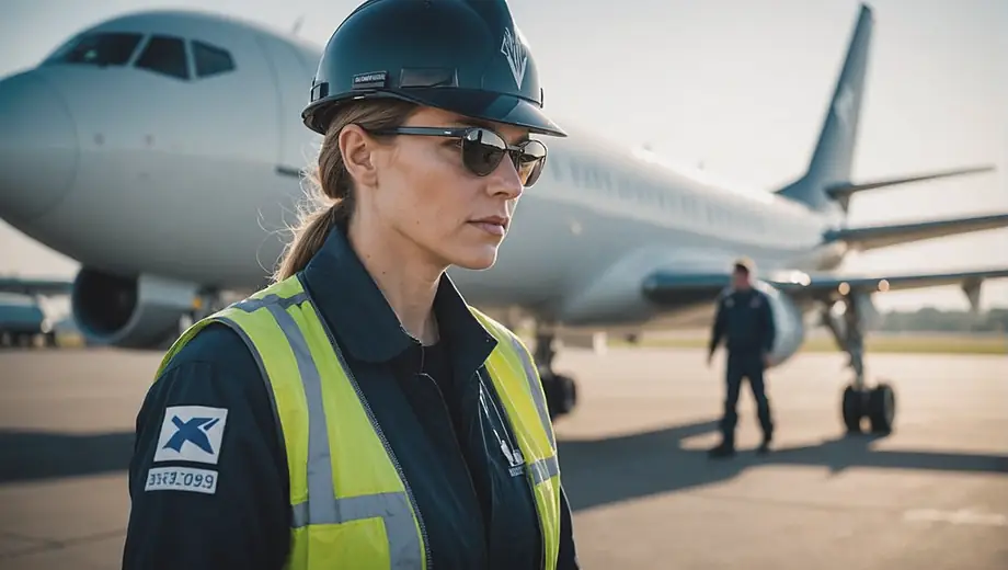 Aviation services professional inspecting an aircraft on the runway, wearing safety gear and focused on their task.