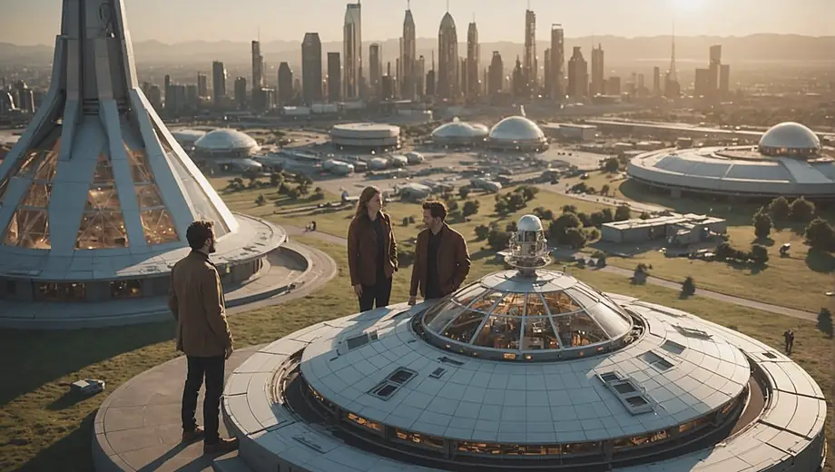 A customer and a professional discuss plans for a space exploration project at a bustling outdoor site, surrounded by models of spacecraft and planetary landscapes.