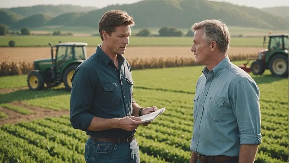 A customer and a professional discuss agricultural practices on-site, surrounded by lush green fields and farming equipment.