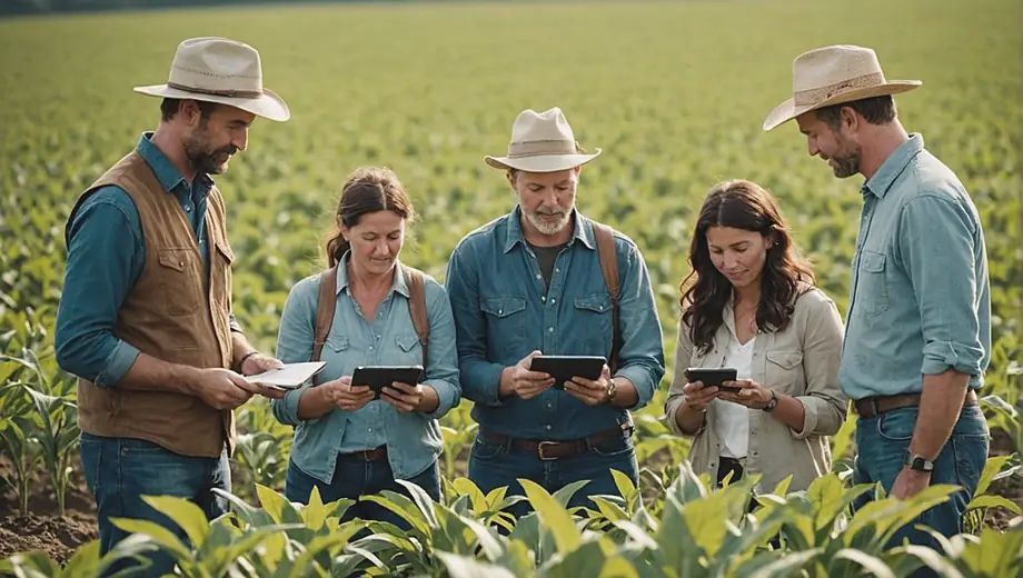 A diverse group of farmers collaborating in a field, discussing strategies for their agriculture business while examining crops and using technology to enhance productivity.