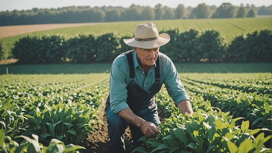 A farmer tending to crops in a lush green field, surrounded by rows of plants under a clear blue sky.
