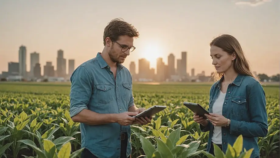 A customer discusses crop production techniques with a professional on-site, examining plants and soil conditions in a vibrant agricultural field.