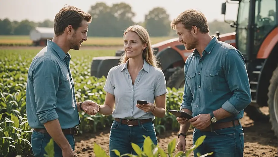 A customer and a professional discuss innovative Agritech solutions on-site, surrounded by advanced farming equipment and lush crops.