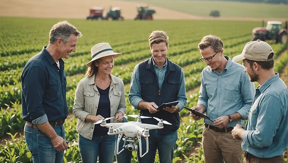 A diverse group of farmers and agricultural engineers collaborate in a field, using advanced agricultural technology like drones and sensors to monitor crop health and optimize farming practices.