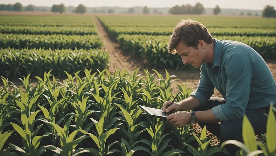 A person in a field examining crops with advanced agritech solutions, showcasing innovative farming practices.