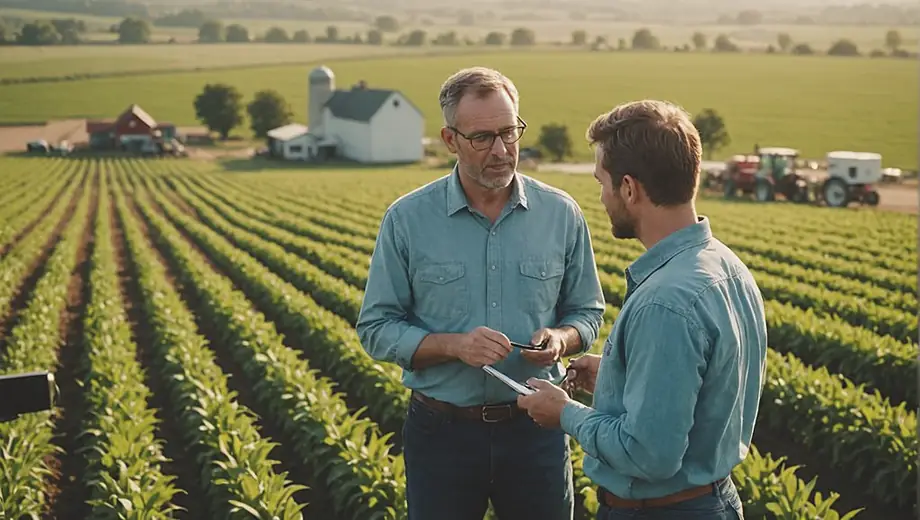 A customer and a professional discuss strategies for improving crop yield on-site at an agri-business farm, surrounded by lush fields and farming equipment.
