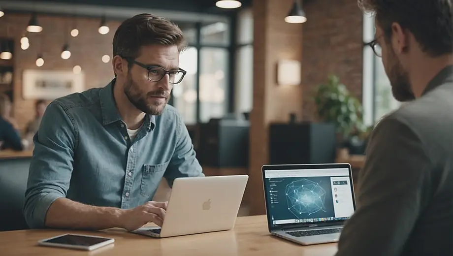 A customer discusses project details with a professional on site, showcasing AI and Machine Learning applications on a laptop screen.