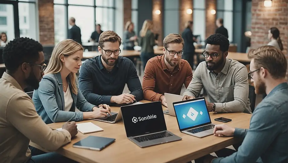 A diverse group of professionals collaborating around a table, discussing innovative AI solutions while analyzing data on laptops and tablets.