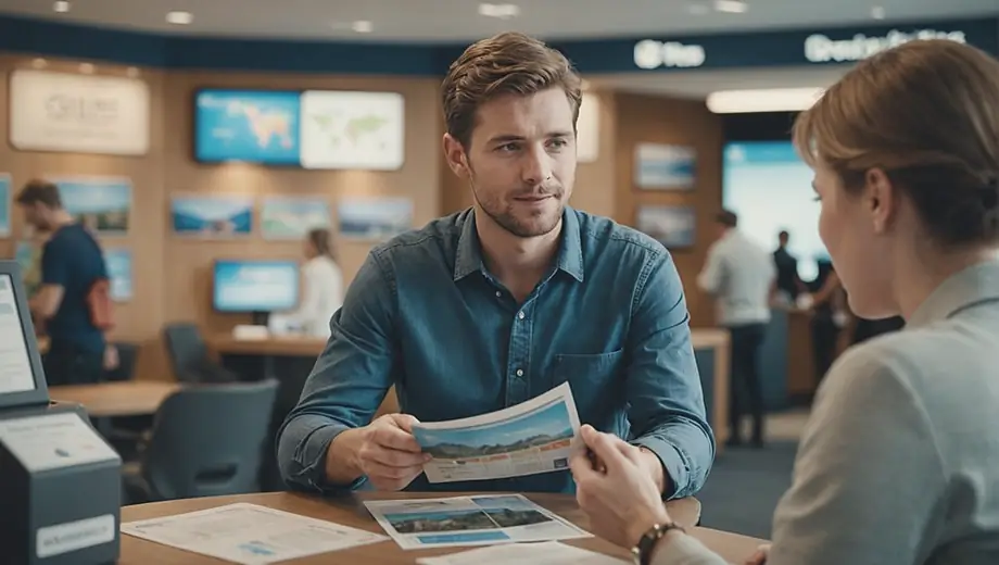A customer discusses travel plans with a professional at an airline office, surrounded by brochures and flight information displays.