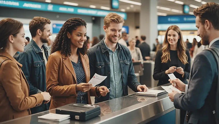 A diverse group of travelers checks in at an airline company counter, with luggage in hand and boarding passes ready, showcasing the excitement of their upcoming journeys.