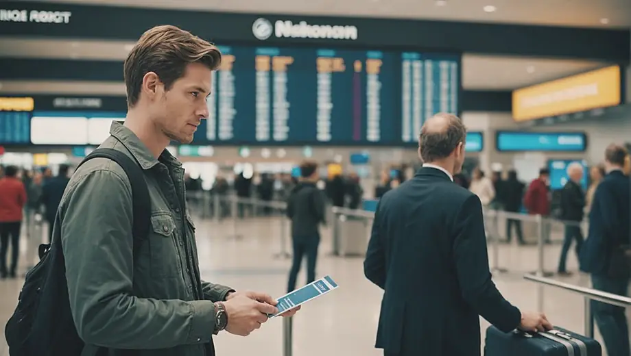 A traveler stands at an airport terminal, looking at flight information displays while holding a boarding pass, ready for air travel.