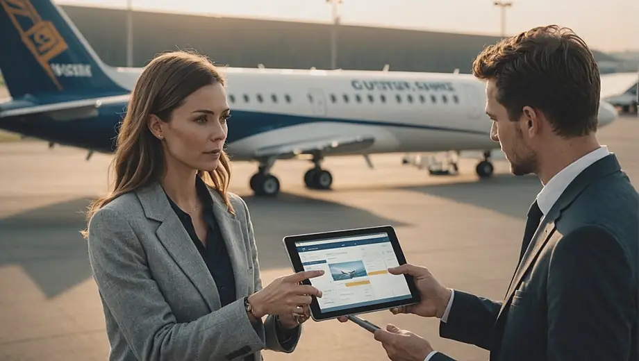 A customer and a professional discuss details of a flight service on-site, with an airplane visible in the background. The customer appears engaged, while the professional gestures towards a flight schedule on a tablet.