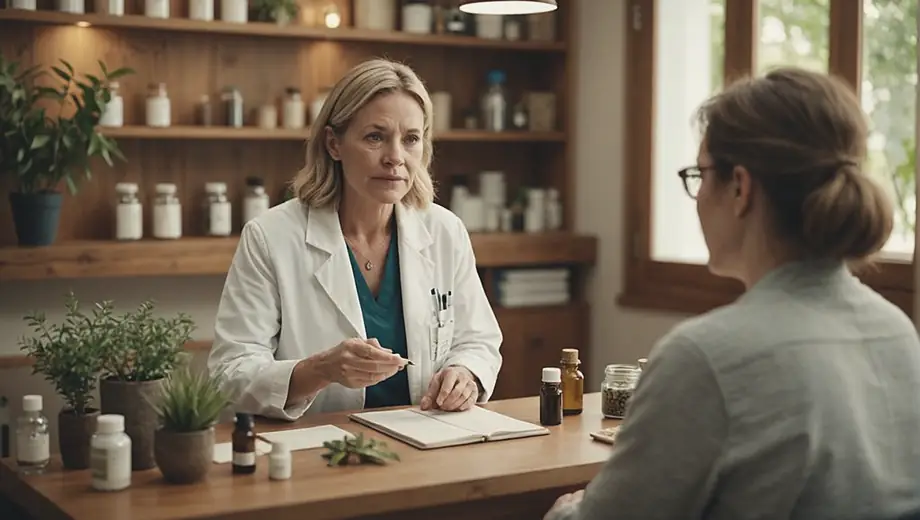 A customer discusses treatment options with a professional in an alternative medicine clinic, surrounded by natural remedies and calming decor.