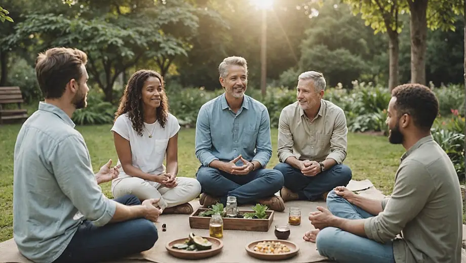 A diverse group of people engaged in a holistic medicine workshop, practicing mindfulness techniques and discussing natural healing methods in a serene outdoor setting.