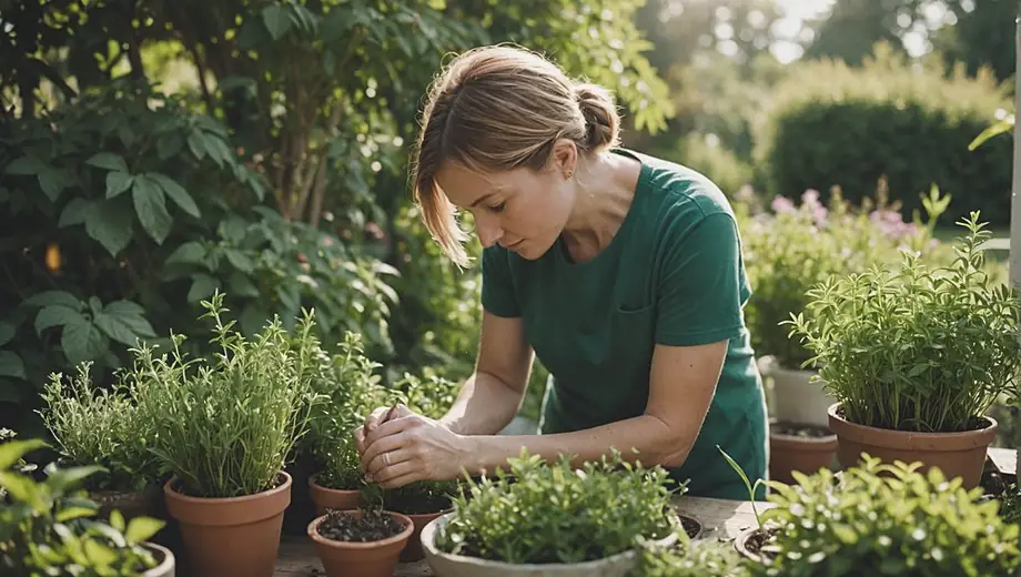 A person in a sunlit garden carefully tending to various herbs, surrounded by vibrant green plants, showcasing their passion for herbal medicine.