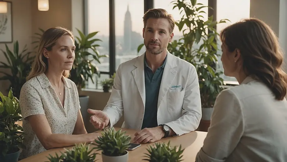 A customer discusses wellness options with a professional at a natural health clinic, surrounded by plants and calming decor.
