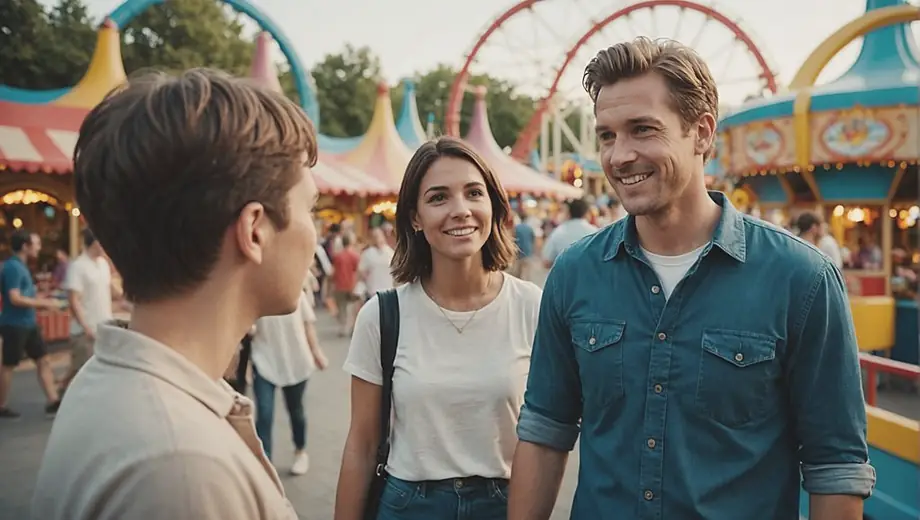 A customer and a professional discuss safety measures at an amusement park, surrounded by colorful rides and excited visitors.