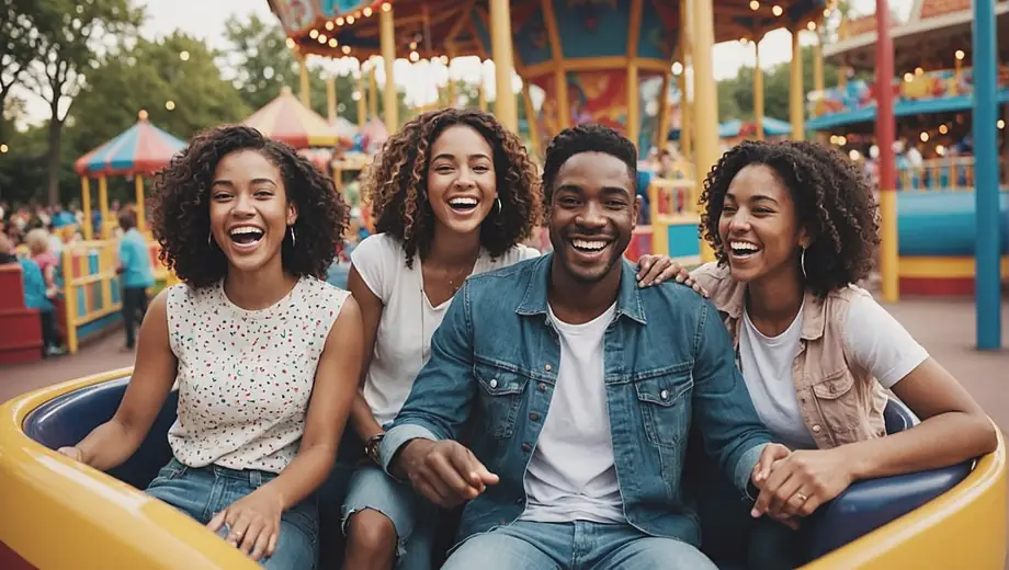 A diverse group of friends laughing and enjoying rides at an amusement park, surrounded by colorful attractions and festive decorations.