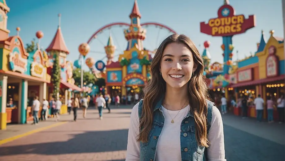 A young woman stands excitedly in front of a colorful theme park entrance, surrounded by vibrant decorations and towering rides.